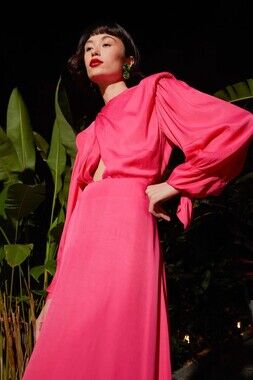 Farm Rio Farm Long-Sleeve Cutout Draped Satin Maxi Dress In Pink Fuchsia Size S